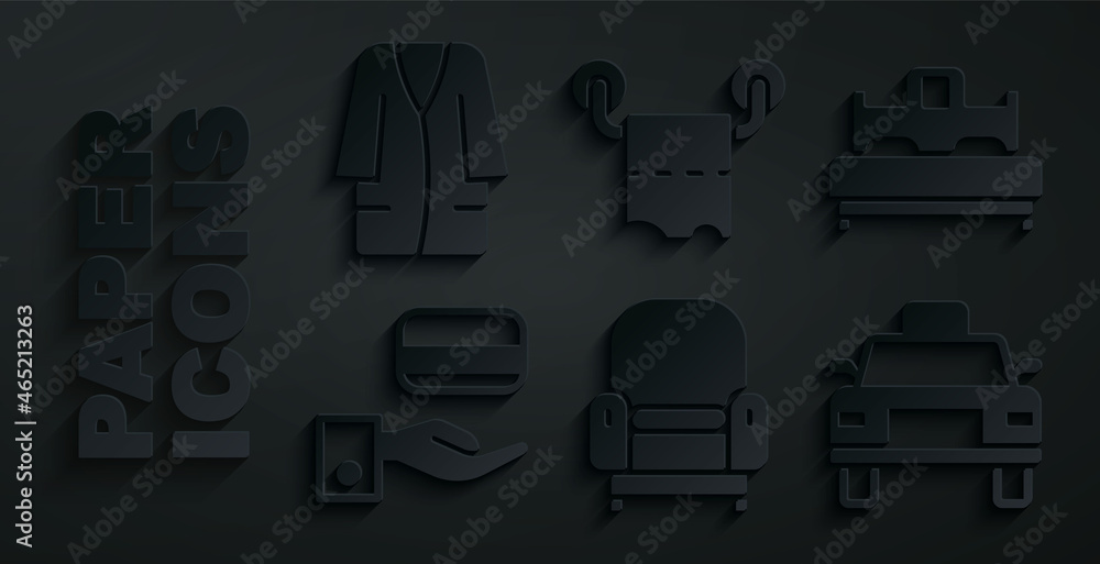 Set Armchair, Bedroom, Digital door lock, Taxi car, Toilet paper roll and Bathrobe icon. Vector Set Armchair, Bedroom, Digital door lock, Taxi car, Toilet paper roll and Bathrobe icon. Vector
