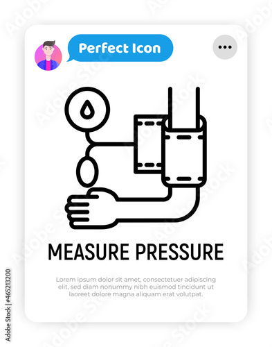 Measure pressure thin line icon, tonometer on hand. Modern vector illustration of medical procedure.