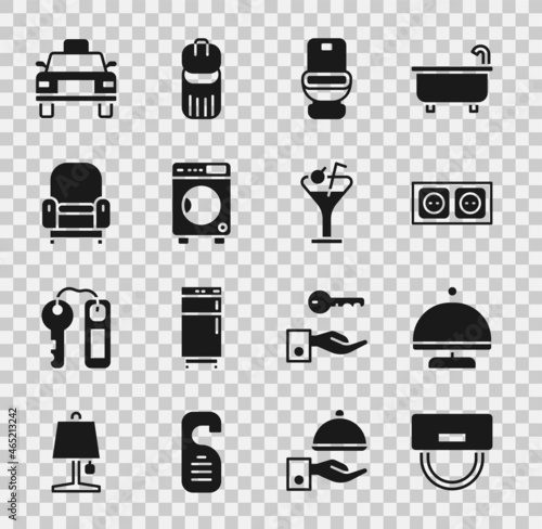 Set Bellboy hat, Covered with tray, Electrical outlet, Toilet bowl, Washer, Armchair, Taxi car and Martini glass icon. Vector