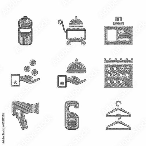 Set Covered with tray, Please do not disturb, Hanger wardrobe, Hotel booking calendar, Hair dryer, Paying tips, Identification badge and Trash can icon. Vector
