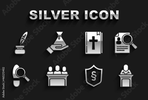 Set Jurors, Paper analysis magnifying, Judge, Justice law shield, Footsteps, Holy bible book, Feather and inkwell and Bribe money bag icon. Vector
