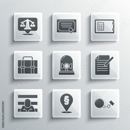 Set Location law, Ball chain, Document and pen, Flasher siren, Prisoner, Briefcase, Scales of justice and Safe icon. Vector