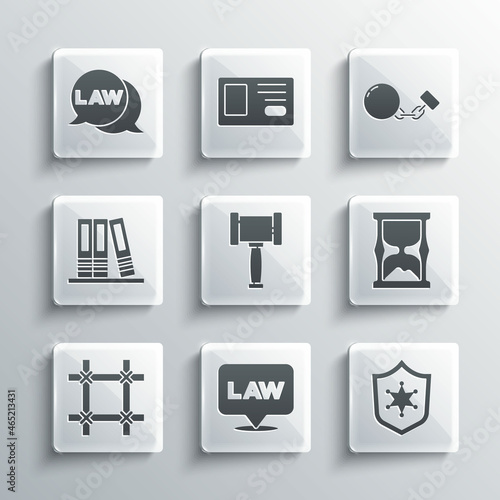 Set Location law, Police badge, Old hourglass, Judge gavel, Prison window, Office folders, Law and Ball chain icon. Vector