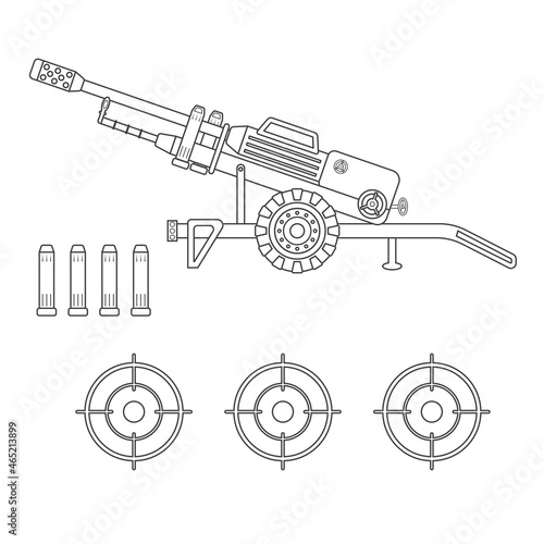 Flat design of Cannon and ordnance firing on a white background. Cartoon concept icon cute style. The subject of war and aggression.Set of artillery flat icons. outline stroke. vector, illustration