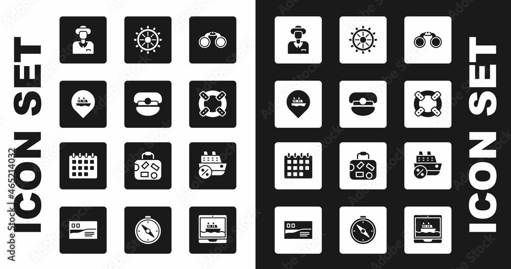 Set Binoculars, Captain hat, Location with cruise ship, Tourist, Lifebuoy, Ship steering wheel, Cruise and Calendar icon. Vector Set Binoculars, Captain hat, Location with cruise ship, Tourist, Lifebuoy, Ship steering wheel, Cruise and Calendar icon. Vector