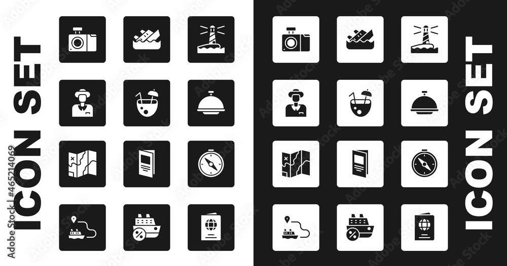 Set Lighthouse, Coconut cocktail, Tourist, Photo camera, Covered with tray, Sinking cruise ship, Compass and Folded map icon. Vector Set Lighthouse, Coconut cocktail, Tourist, Photo camera, Covered with tray, Sinking cruise ship, Compass and Folded map icon. Vector