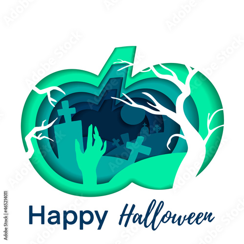 Vector halloween illustration. A hand on the background of the full moon next to crosses, trees and gravestones inside a pumpkin. An elegant spooky holiday texture perfect for gift cards and more.