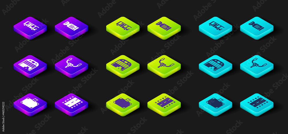 Set Suitcase, Airport runway, Aircraft hangar, steering helm, Airline ticket and bus icon. Vector Set Suitcase, Airport runway, Aircraft hangar, steering helm, Airline ticket and bus icon. Vector