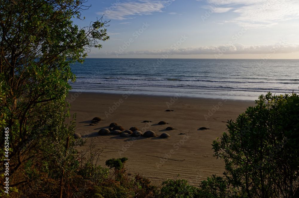 Moeraki Boulders lie on the beach near Moeraki Village in New Zealand's South Island