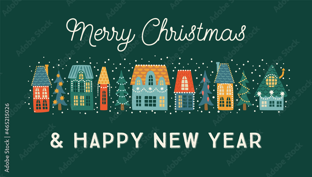 Fototapeta premium Christmas and Happy New Year banner. City, houses, Christmas trees, snow.