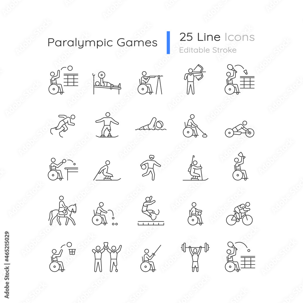 Sport competition linear icons set. Professional competitive event. Athletes with disability. Customizable thin line contour symbols. Isolated vector outline illustrations. Editable stroke collection