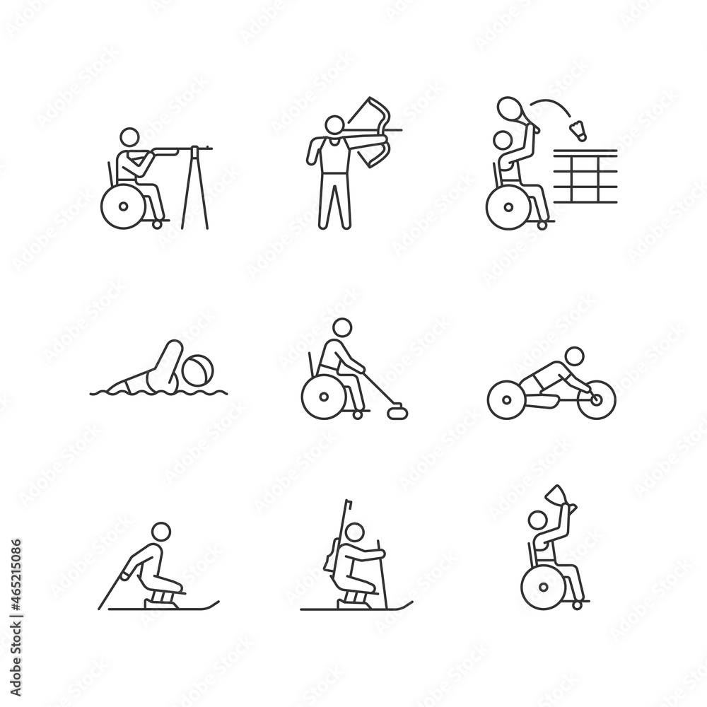 Athletes with disabilities linear icons set. Adaptive sport tournaments. People with disability. Customizable thin line contour symbols. Isolated vector outline illustrations. Editable stroke Athletes with disabilities linear icons set. Adaptive sport tournaments. People with disability. Customizable thin line contour symbols. Isolated vector outline illustrations. Editable stroke