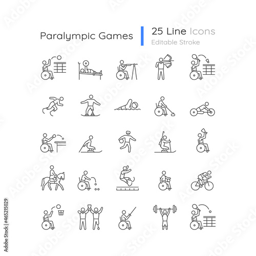 Sport competition linear icons set. Professional competitive event. Athletes with disability. Customizable thin line contour symbols. Isolated vector outline illustrations. Editable stroke collection