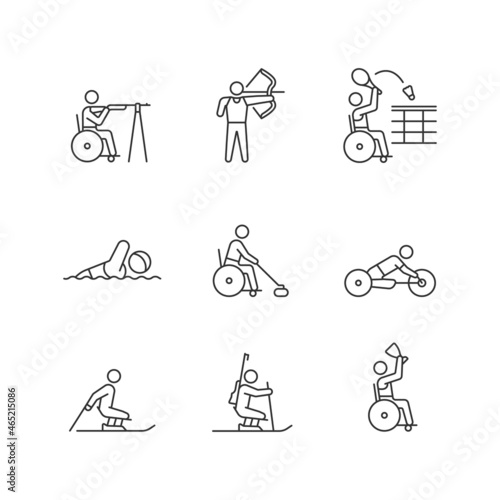 Athletes with disabilities linear icons set. Adaptive sport tournaments. People with disability. Customizable thin line contour symbols. Isolated vector outline illustrations. Editable stroke