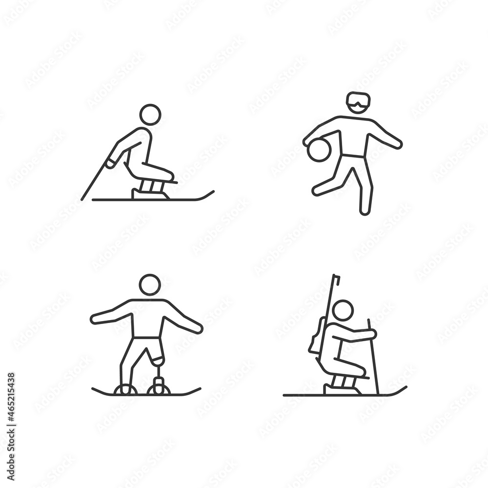 Winter season athletics linear icons set. Adaptive competitive disciplines. Disabled sportsmen. Customizable thin line contour symbols. Isolated vector outline illustrations. Editable stroke Winter season athletics linear icons set. Adaptive competitive disciplines. Disabled sportsmen. Customizable thin line contour symbols. Isolated vector outline illustrations. Editable stroke