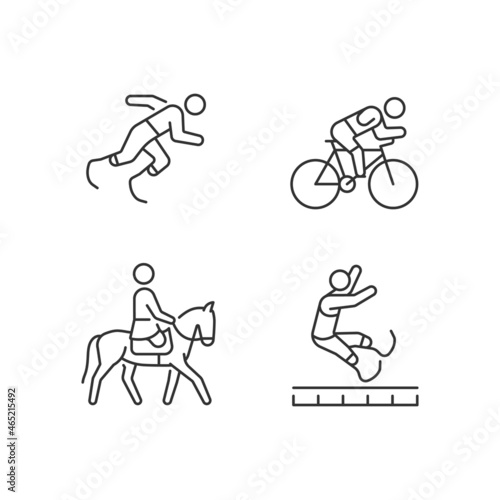 Adaptive sports linear icons set. Equestrian and athletic sports. Sportsman with prosthesis. Customizable thin line contour symbols. Isolated vector outline illustrations. Editable stroke