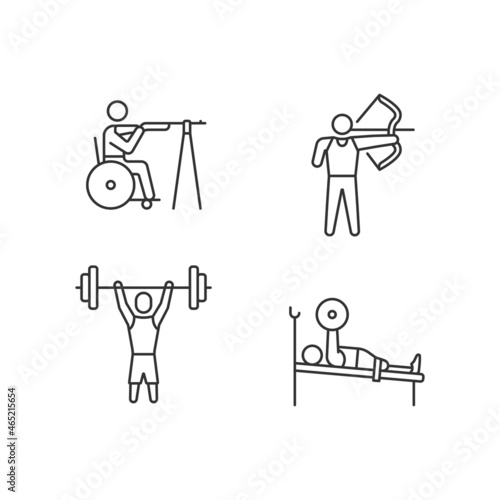Single adaptive contests linear icons set. Athletic activities. Sportsman with physical disability. Customizable thin line contour symbols. Isolated vector outline illustrations. Editable stroke