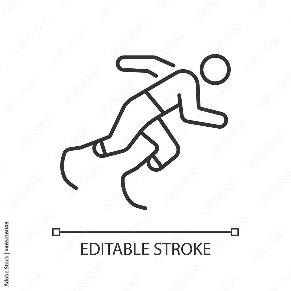 Athletics linear icon. Sportsman run across track. Single sport competition. Disabled athlete. Thin line customizable illustration. Contour symbol. Vector isolated outline drawing. Editable stroke