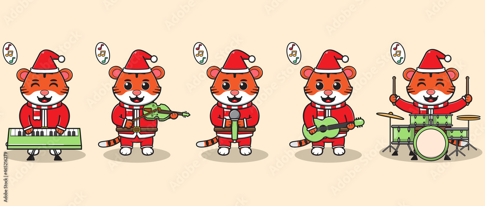 Naklejka premium Vector illustration of Cute Tiger Santa Claus play a musical instrument. Good for icon, label, sticker, clipart.