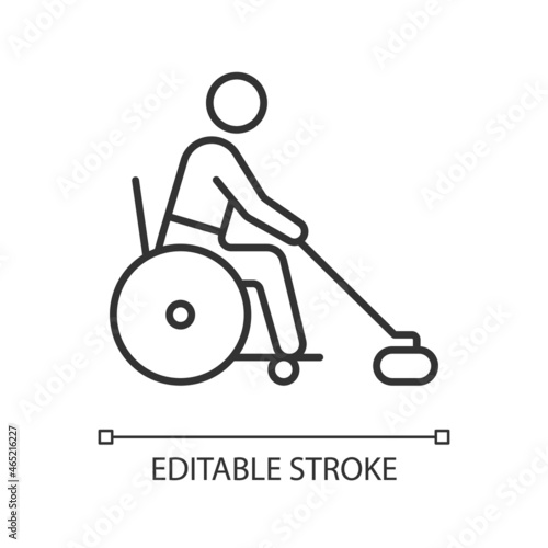 Wheelchair curling linear icon. Adaptive sport. Winter game competition. Athlete with disability. Thin line customizable illustration. Contour symbol. Vector isolated outline drawing. Editable stroke