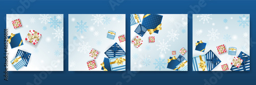 Sale square banner background for new year shopping sale set. Design for social media post, web online store or shop promo offer. Blue 2022 New Year banner with snow