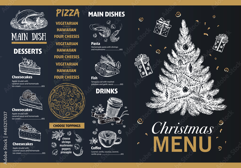 Christmas menu template, Hand drawn illustration.
