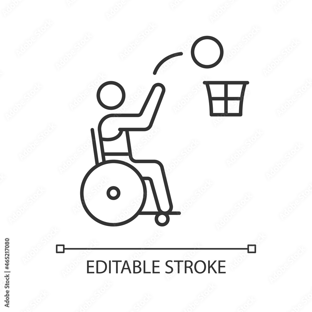 Wheelchair basketball linear icon. Competitive sport. Adaptive basketball. Disabled athletes. Thin line customizable illustration. Contour symbol. Vector isolated outline drawing. Editable stroke