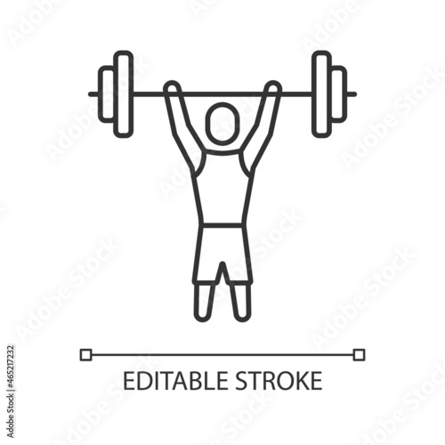 Athlete of short stature linear icon. Weightlifting competition. Sportsmen with disability. Thin line customizable illustration. Contour symbol. Vector isolated outline drawing. Editable stroke