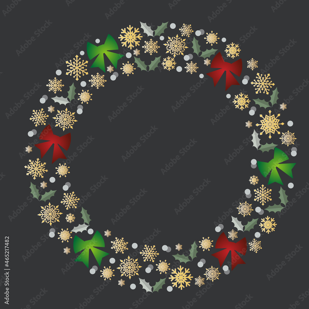 イラスト素材 雪の結晶とヒイラギ リボンでできたシンプルなクリスマスリース ゴールド系 Stock Vector Adobe Stock