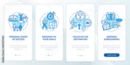 Happiness mindset components blue onboarding mobile app page screen. Success walkthrough 4 steps graphic instructions with concepts. UI, UX, GUI vector template with linear color illustrations