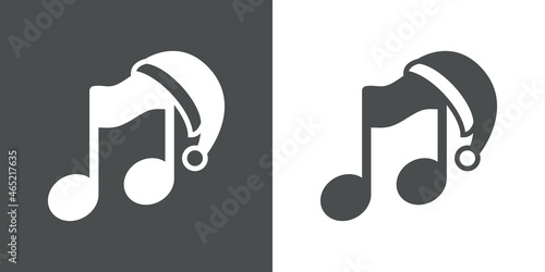 Canción de navidad. Logotipo con nota musical con sombrero de Papá Noel en fondo gris y fondo blanco