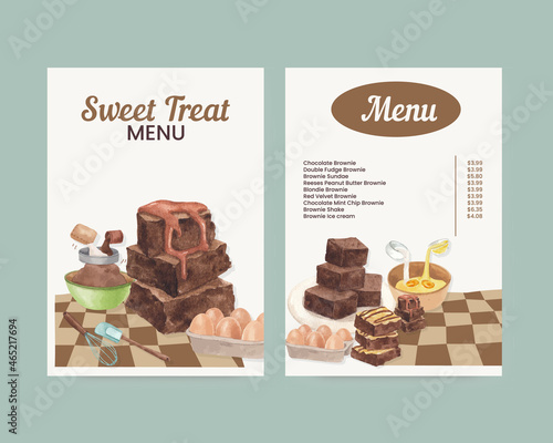 Menu template with homemade brownie concept,watercolor style