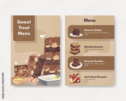 Menu template with homemade brownie concept,watercolor style