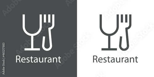 Banner con texto Restaurant con silueta de copa de vino y tenedor con líneas en fondo gris y fondo blanco