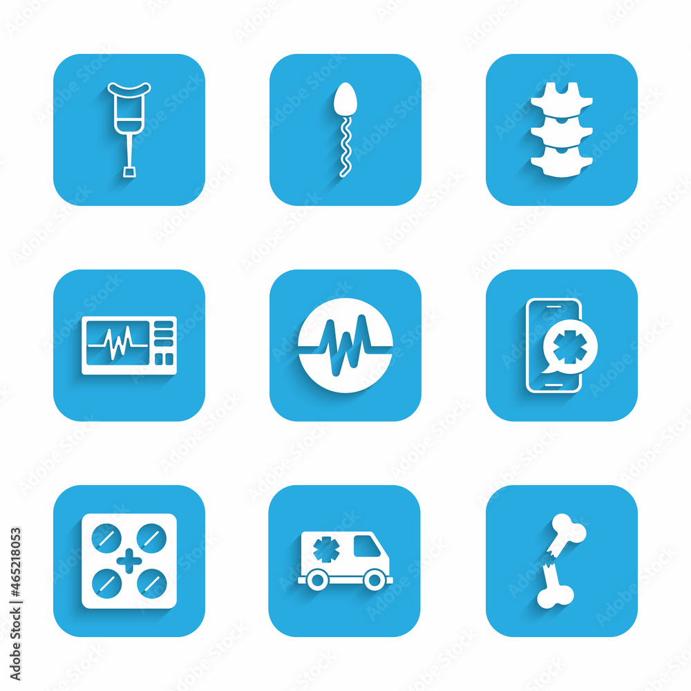 Set Heart rate, Emergency car, Human broken bone, phone call, Pills in blister pack, Monitor with cardiogram, spine and Crutch crutches icon. Vector Set Heart rate, Emergency car, Human broken bone, phone call, Pills in blister pack, Monitor with cardiogram, spine and Crutch crutches icon. Vector