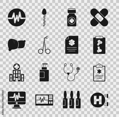 Set Hospital signboard, Clinical record, X-ray shots, Medicine bottle and pills, Medical scissors, Human organ liver, Heart rate and icon. Vector