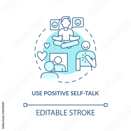 Use positive self talk blue concept icon. Happiness mindset strategy abstract idea thin line illustration. Positive thinking and attitude. Vector isolated outline color drawing. Editable stroke