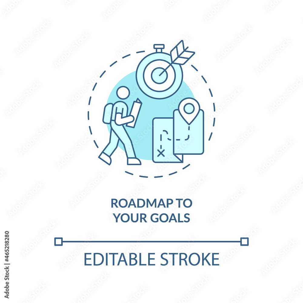Roadmap to your goals blue concept icon. Define personal path abstract idea thin line illustration. Goal setting. Happiness mindset component. Vector isolated outline color drawing. Editable stroke Roadmap to your goals blue concept icon. Define personal path abstract idea thin line illustration. Goal setting. Happiness mindset component. Vector isolated outline color drawing. Editable stroke