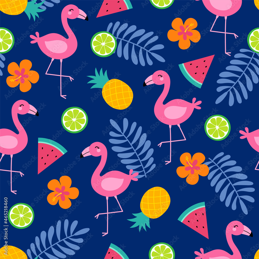 Colorful tropical summer seamless pattern with flamingo, palm leaf, tropical fruit and hibiscus.
