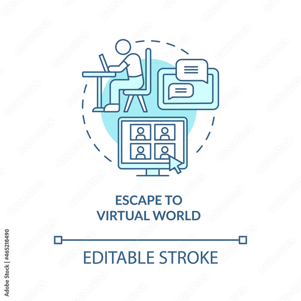 Escape to virtual world blue concept icon. Virtual reality abstract idea thin line illustration. Gadget addiction. Happiness mindset obstacle. Vector isolated outline color drawing. Editable stroke Escape to virtual world blue concept icon. Virtual reality abstract idea thin line illustration. Gadget addiction. Happiness mindset obstacle. Vector isolated outline color drawing. Editable stroke