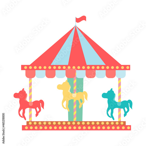 Merry go round. Horse carousel in amusement park. Vector illustration.