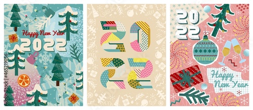 Christmas and New year 2022 greeting cards template. Vector set of winter holiday illustrations in vintage style. Christmas tree and toys. New year hand drawn poster in scrapbook or collage style