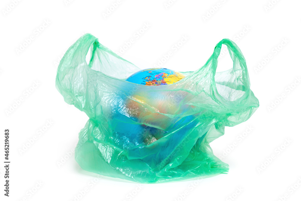 Mock up of the planet Earth in a plastic bag on a white background. Environmental disaster. Concept