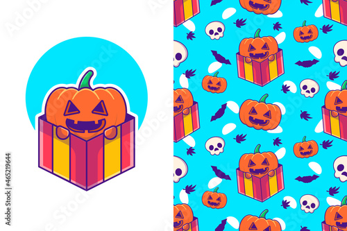 Cute Pumpkin in Gift Box happy halloween with seamless pattern