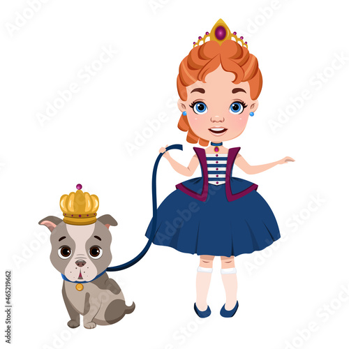 Cute little princess with a dog. Vector illustration on an isolated white background. Cartoon clipart for T-shirts, postcards, room decor, poster.