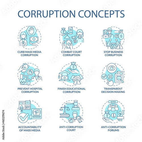 Corruption concept icons set. Corrupted government idea thin line color illustrations. Bribery in government. Embezzlement of budget. Transparent decission making. Vector isolated outline drawings.