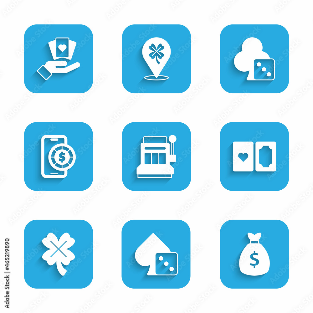 Set Slot machine, Game dice, Money bag, Deck of playing cards, Casino slot with clover, Online poker table game, and Hand holding icon. Vector Set Slot machine, Game dice, Money bag, Deck of playing cards, Casino slot with clover, Online poker table game, and Hand holding icon. Vector