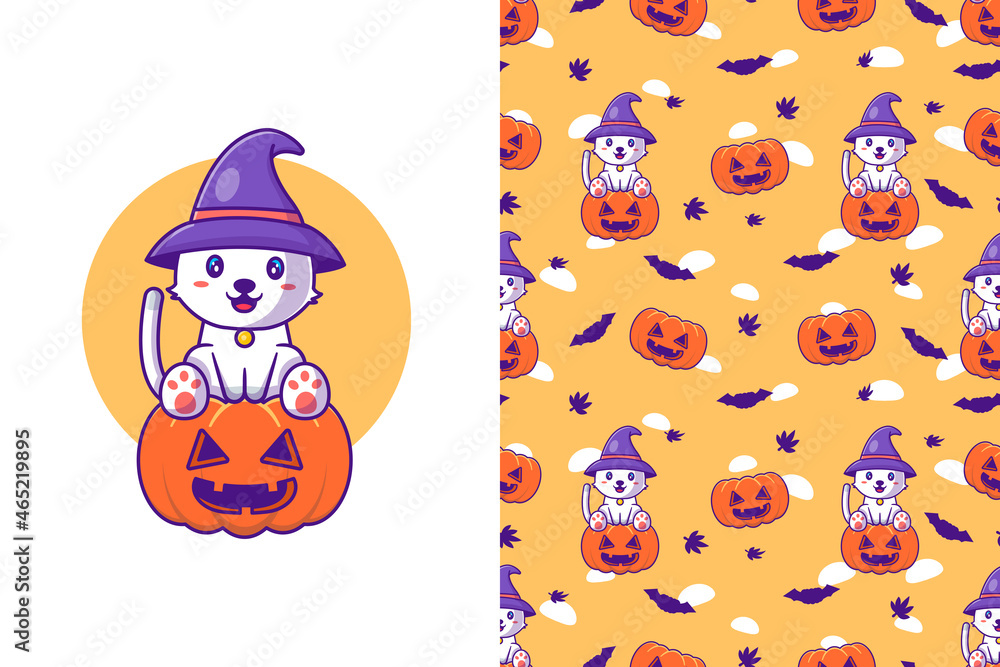 Obraz premium Cute cat witch with pumpkin happy halloween with seamless pattern