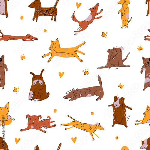 Funny dogs in various poses playing, sleeping, lying, sitting seamless pattern. Flat isometric vector cartoon dogs isolated on white background.