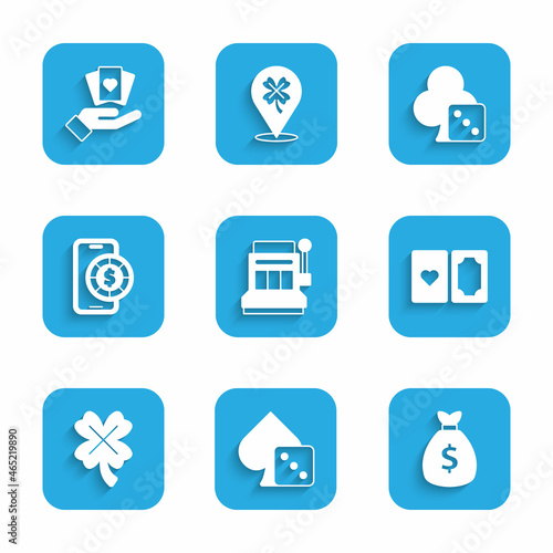 Set Slot machine, Game dice, Money bag, Deck of playing cards, Casino slot with clover, Online poker table game, and Hand holding icon. Vector